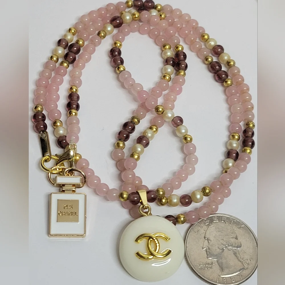 Pink Glass Beaded Necklace, 2 CC zipper Pulls, One Of A Kind - Picture 2 of 6